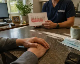 Close-up of mature hands on a dental table, blurred dentist with chart in cozy, sunlit office