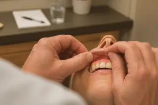 Dentist's hands gently examining a patient's gums in a warmly lit, authentic dental office, viewed from the patient's perspective.