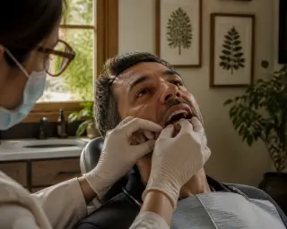 Dentist gently examining a patient's gums in a warmly lit, authentic office with natural sunlight and subtle details.