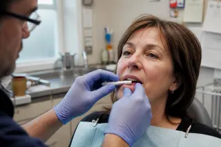 Dentist demonstrating gentle brushing technique to attentive middle-aged patient, close-up on hands near patient’s gumline in warmly lit, authentic dental office.