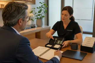 Executive and hygienist in a natural consultation, discussing personalized dental care in a warmly lit, uncluttered dental office