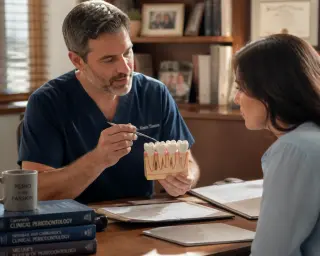 Dental specialist's hand demonstrating gum exam to patient in warmly lit, realistic clinic, focus on natural exchange, not posed or perfect