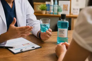 Dentist's hands demonstrating mouthwash usage to a patient on a wooden desk in a warmly lit dental office, faces out of focus for an authentic and intimate moment.