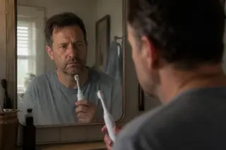 Middle-aged man reflected in a softly lit bathroom mirror, examining his toothbrush with a trace of concern, gentle blood on bristles, natural morning light.