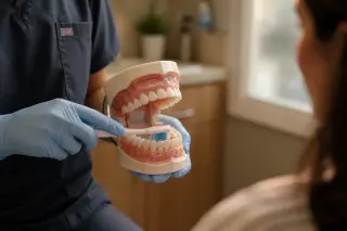 Dentist's hands showing tooth brushing on a detailed gum model in a softly lit, real consultation room