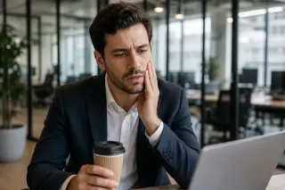 Person in office attire lightly touching cheek, holding coffee, with mild gum redness visible, working on a computer in a softly lit modern office.