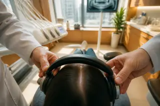 Dentist's hands gently placing headphones on a patient in a softly lit, modern dental office, highlighting a calm and reassuring moment