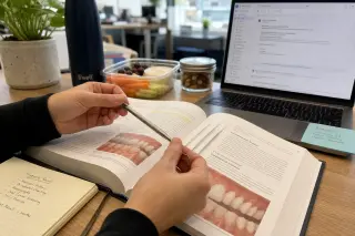 Subtle close-up of dentist’s hands with dental tools and a laptop amid open space desk items, softly lit, without visible faces.
