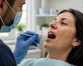 Dentist's gloved hand holding a scaler near patient's natural teeth in a warmly lit, real dental office