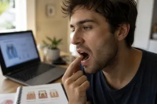 Person thoughtfully examining their own teeth in a warm, softly lit home office with dental resources nearby, evoking early vigilance against dental caries.