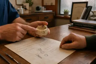 Dentist and patient hands in natural light over dental mold and treatment plan, warm informal workspace
