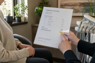 Dentist hands over a dental cost estimate form to a patient in a warm, naturally lit office, showing a moment of explanation and trust.