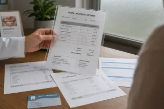Dentist's hand showing a transparent estimate on a desk with dental invoices, in soft daylight, patient barely visible.
