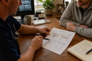 Dentist and patient reviewing treatment plan and cost estimate at a real dental office desk, documents in focus, natural morning light.