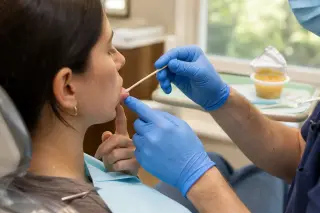 Dentist's gloved hands demonstrating sensation test on patient's lip in warmly lit dental office, soft food tray in background