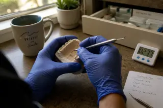A dentist's gloved hands precisely working on a molar filling in a softly lit, realistic dental workspace, with a timer and notes visible, conveying a focused atmosphere.