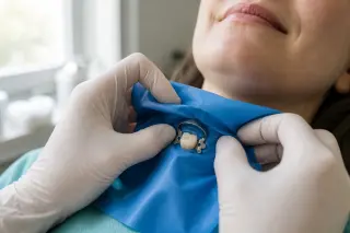 Dentist's hands placing a blue isolation sheet on a patient's tooth in a warmly lit, real dental office, capturing a subtle and authentic treatment moment.