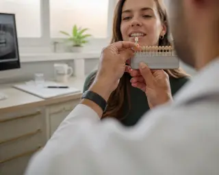 Dentist's hands holding a shade guide near a client's teeth in a softly lit, welcoming office, with natural, candid interaction
