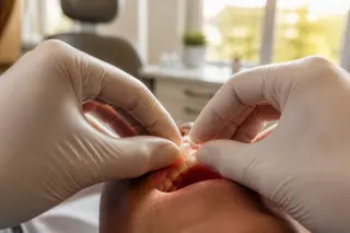 Dentist’s gloved hands inserting a ceramic inlay on a premolar, viewed close up from the patient’s perspective in a warmly lit, real dental office.