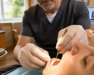 Dentist's gloved hands applying a temporary dressing to a molar, with soft natural light and a calm, real dental office in the background.