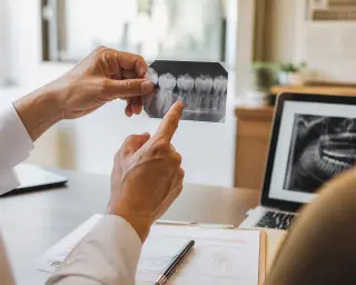 Dentist's hands holding up a dental x-ray to daylight, softly lit office background, focus on subtle carie between molars