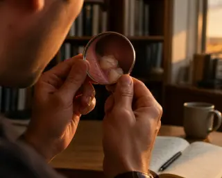 Adult examining their own molar using a pocket mirror in a softly lit home office at sunset, only their hands and part of their face visible.