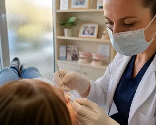 Dentist's hands gently examining a patient's molar, viewed from the patient's perspective in a warm, real dental office with educational items subtly visible in the background.