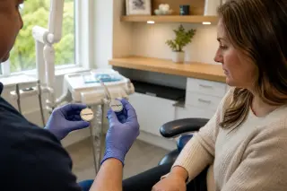 Dentist showing two types of filling materials to an attentive patient in a naturally lit, welcoming dental office, emphasizing the hands and interaction.