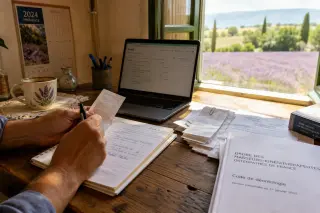 osteopath's hands sorting receipts and documents on a wooden desk near a sunlit window overlooking lavender fields in Provence