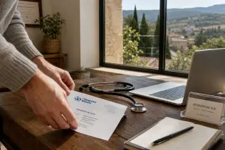 Close-up of an osteopath’s hands handling insurance papers beside a stethoscope and laptop in a naturally lit Provence office, with a window reflecting local scenery.