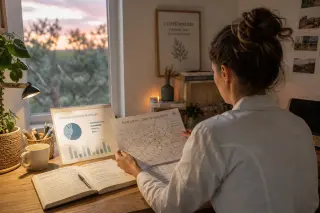 Osteopath studying maps and notes at their rustic desk in a Provence practice, evening light filtering through a window with olive trees outside.