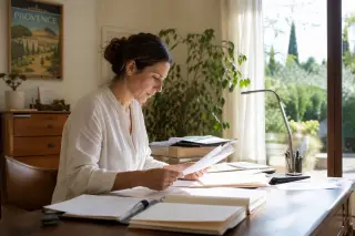 Osteopath reviewing paperwork at a wooden desk in a sunlit Provence office, showing authentic focus and a softly lit atmosphere.