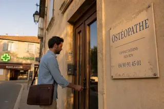 Osteopath unlocking a modest practice in a Provençal village at golden hour, with pharmacy and bakery nearby, conveying a quiet, authentic beginning.