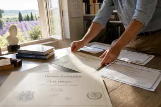 Osteopath organizing diplomas on a wooden desk in a Provence clinic with sunlight and a window showing lavender fields.