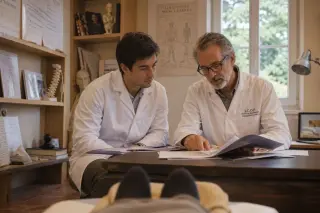 Osteopathy student and supervisor in a warm clinic, reviewing a patient chart together with sincere focus and natural daylight