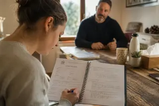 Osteopathy student in a clinical setting in Provence taking reflective notes in a logbook while a mentor observes in the background, with warm natural light and authentic ambiance.