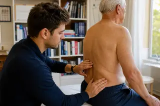 Young osteopathy student gently examines an elderly patient's back in a softly lit, authentic clinic, with bookshelves visible in the background.