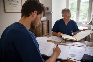 Osteopathy student filling out clinical notes in a sunlit university office, with a supervisor reviewing paperwork in the background amid scattered medical documents.