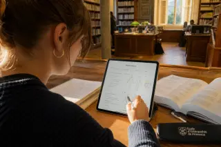 Osteopathy student in a sunlit Provence library quietly working with a tablet and handwritten notes, focused on clinical training.