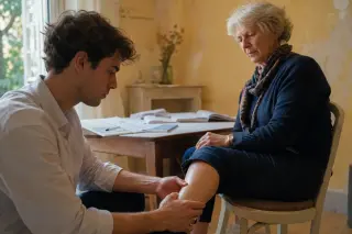 A student osteopath attentively palpates the ankle of a calm elderly patient in a sunlit, rustic Provence consultation room, both focused and at ease.