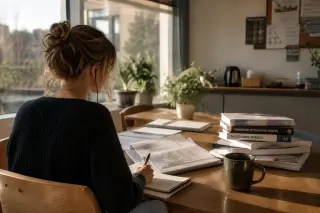 Young osteopathy student taking notes and listening to a recorded patient simulation in a softly lit school break room, captured candidly from behind.