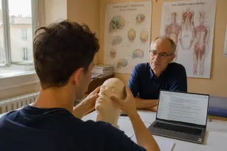 Osteopathy student practicing a cranial technique on a mannequin in a warm university classroom, instructor observing, natural daylight setting.