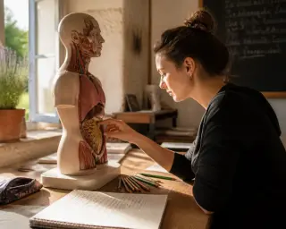 Anatomical model on a wooden table in soft sunlight, with a focused adult student tracing details, surrounded by study materials in a warm classroom atmosphere.