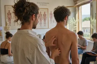 Osteopathy student carefully tracing anatomical landmarks on classmate's back in a sunlit classroom, with charts in the background and a warm, candid atmosphere.