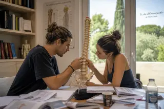 Two osteopathy students study a detailed spine model together in a sunlit classroom, surrounded by notes and medical books, in a realistic and warm learning atmosphere.