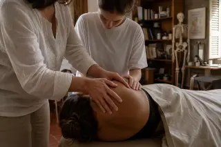 Experienced osteopath guiding student's hands during palpation in a warm, sunlit teaching room with bookshelves in Provence