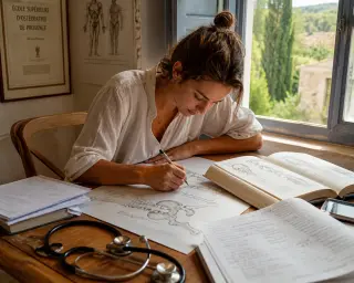 Osteopathy student intently sketching anatomical diagrams at a desk in a naturally lit classroom with open books and Mediterranean light.