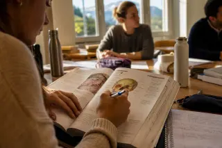 Osteopathy student's hands writing notes in an anatomy book, with another student listening in a sunlit classroom setting, natural and focused atmosphere.