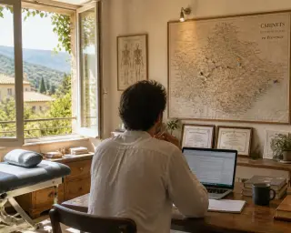 Osteopath in a warm office reflects while looking at a map marked with towns, sunlight streaming through a window overlooking Provence