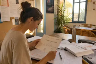 Osteopathy student examining diploma in a warmly lit, authentic study space, surrounded by notes and soft afternoon light.